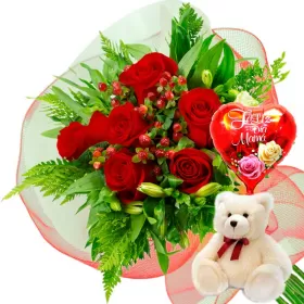 RAMO CON 6 ROSAS ROJAS MÁS GLOBO DÍA DE LA MADRE Y PELUCHE