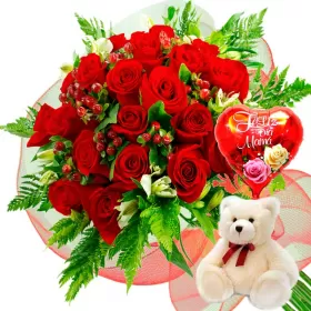 RAMO CON 24 ROSAS ROJAS MÁS GLOBO DÍA DE LA MADRE Y PELUCHE