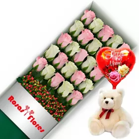 CAJA MIX ROSADO BLANCO 24 ROSAS MÁS GLOBO DÍA DE LA MADRE Y PELUCHE
