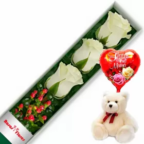CAJA BLANCA CON 3 ROSAS MÁS GLOBO DÍA DE LA MADRE Y PELUCHE