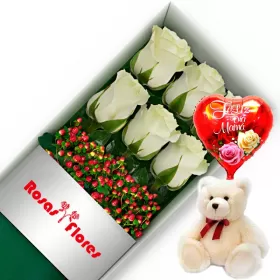 CAJA BLANCA CON 6 ROSAS MÁS GLOBO DÍA DE LA MADRE Y PELUCHE