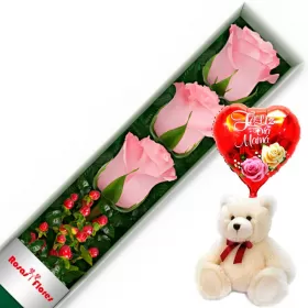 CAJA ROSADAS CON 3 ROSAS MÁS GLOBO DÍA DE LA MADRE Y PELUCHE