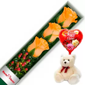 CAJA DAMASCO CON 3 ROSAS MÁS GLOBO DÍA DE LA MADRE Y PELUCHE