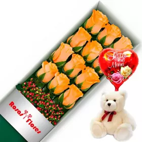 CAJA DAMASCO CON 12 ROSAS MÁS GLOBO DÍA DE LA MADRE Y PELUCHE