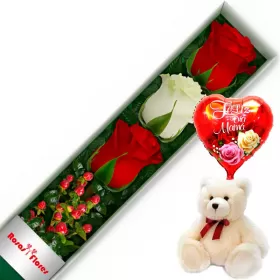 CAJA MIX ROJO BLANCO 3 ROSAS MÁS GLOBO DÍA DE LA MADRE Y PELUCHE