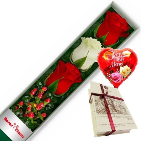 CAJA MIX ROJO BLANCO 3 ROSAS MÁS GLOBO DÍA DE LA MADRE Y PELUCHE