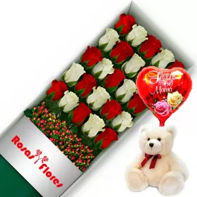CAJA MIX ROJO BLANCO 24 ROSAS MÁS GLOBO DÍA DE LA MADRE Y PELUCHE