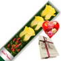CAJA AMARILLAS CON 3 ROSAS MÁS GLOBO DÍA DE LA MADRE Y CHOCOLATE