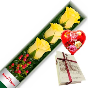 CAJA AMARILLAS CON 3 ROSAS MÁS GLOBO DÍA DE LA MADRE Y CHOCOLATE
