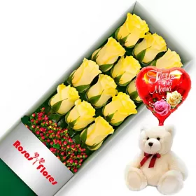 CAJA AMARILLAS CON 12 ROSAS MÁS GLOBO DÍA DE LA MADRE Y PELUCHE