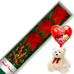 CAJA ROJAS CON 3 ROSAS MÁS GLOBO DÍA DE LA MADRE Y PELUCHE