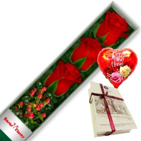 CAJA ROJAS CON 3 ROSAS MÁS GLOBO DÍA DE LA MADRE Y CHOCOLATE
