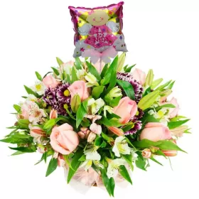 Cesta de Astromelias Liliums Rosas Rosadas con Globo Es una Niña
