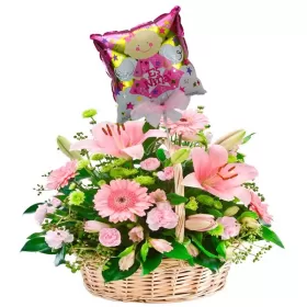 Cesta Grande con 24 Rosas y 10 Liliums Rosado más Globo para Niña