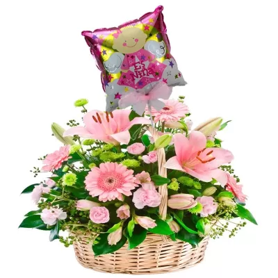 Cesta Grande con 24 Rosas y 10 Liliums Rosado más Globo para Niña
