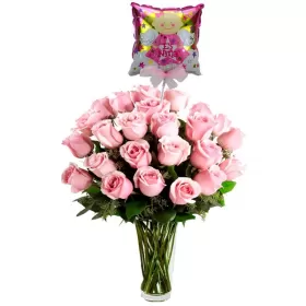 Florero de Nacimiento con 24 Rosas Rosadas con Globo es una Niña