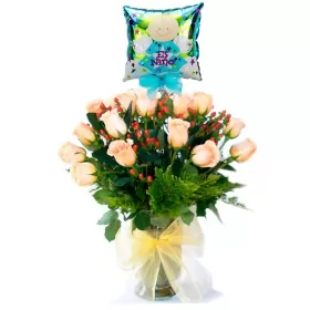 Florero de Nacimiento Con Globo Es una Niño y 24 Rosas Damasco