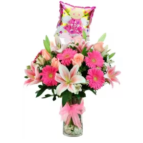 Florero de Nacimiento con Globo para Niña Rosas Liliums y Gerberas