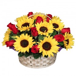 Cesta de 12 Rosas Rojas con 10 Girasoles
