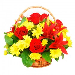 Cesta de Flores Amarillas con Rosas y Liliums Rojos
