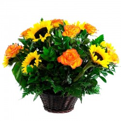 Cesta 8 Rosas Circus y 10 Girasoles