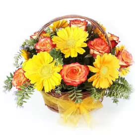 Cesta 12 Rosas Circus y Gerberas Amarillas