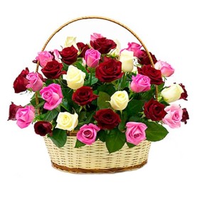 Cesta Redonda Tricolor 30 Rosas Blancas Rojas y Rosadas