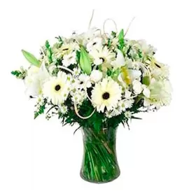 Florero con Gerberas y Lilums Blancos para condolencias
