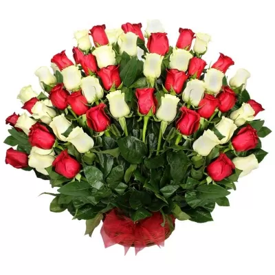 Abanico en Cesta de condolencias 50 Rosas Rojas y Blancas