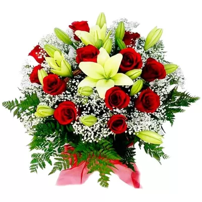 Cesta de Condolencias 12 Rosas Rojas Liliums