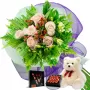 RAMO CON 6 ROSAS BLANCAS MAS PELUCHE Y CHOLCOLATE VARSOVIENNE