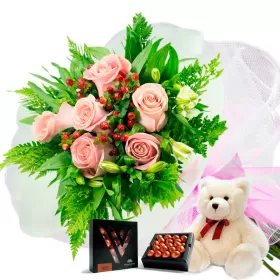 RAMO CON 6 ROSAS ROSADAS MAS PELUCHE Y CHOLCOLATE VARSOVIENNE