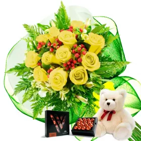 RAMO CON 12 ROSAS AMARILLAS MAS PELUCHE Y CHOLCOLATE VARSOVIENNE