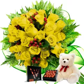 RAMO CON 24 ROSAS AMARILLAS MAS PELUCHE Y CHOLCOLATE VARSOVIENNE